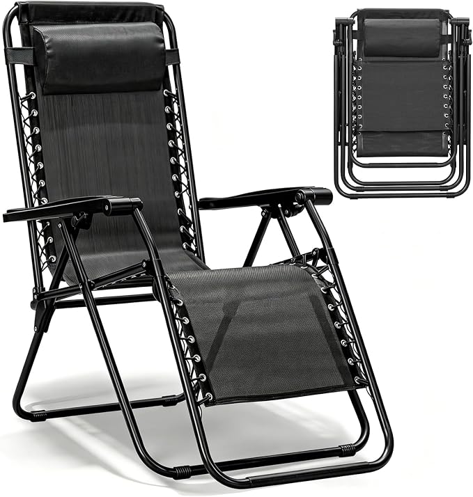 Zero Gravity Chair, Adjustable Lounge Chair, Outdoor Recliner, Folding Anti Gravity Lounge Chairs, Lawn Chairs Reclining with Pillow & Cup Holder