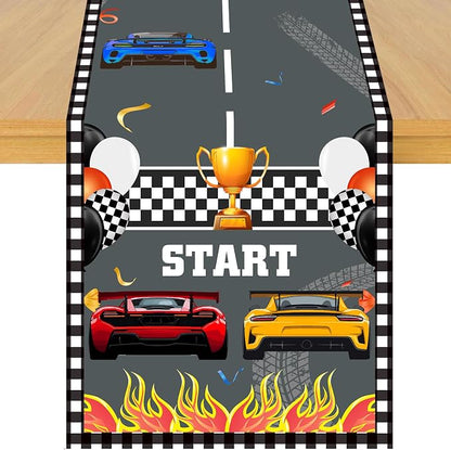 Race Car Theme Table Runner, Checkered Flag Linen Fabric Table Runner for Everyday Use 72 x 13 Inches, Washable Table Cover for Indoor Outdoor Kitchen Dining Table Decorations
