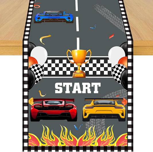 Race Car Theme Table Runner, Checkered Flag Linen Fabric Table Runner for Everyday Use 72 x 13 Inches, Washable Table Cover for Indoor Outdoor Kitchen Dining Table Decorations