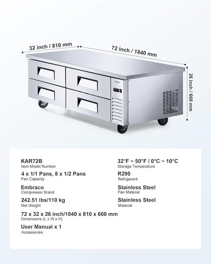 VEVOR Chef Base Refrigerator, 72" W Commercial Chef Bases Worktop Refrigerators, 4-Drawer Under Counter Fridge with 12 Pans Stainless Steel, Heavy-Duty Refrigerated Base, Invisible Door Handle