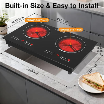 WABK 2 Burner Electric Cooktop 110V, 24 Inch Built-in & Countertop Ceramic Stove Top, 3000W Infrared Hot Plate for RV Apartment, Compatible with All Cookware, Child Lock & Timer