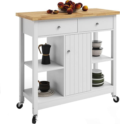 Lavish Home Mobile Kitchen Island with Spice Rack, Shelves & Cabinet, White | Rolling Cart with Drawers for Coffee Bar, Adjustable Shelves, Counter Space, Microwave Stand with Storage Shelves
