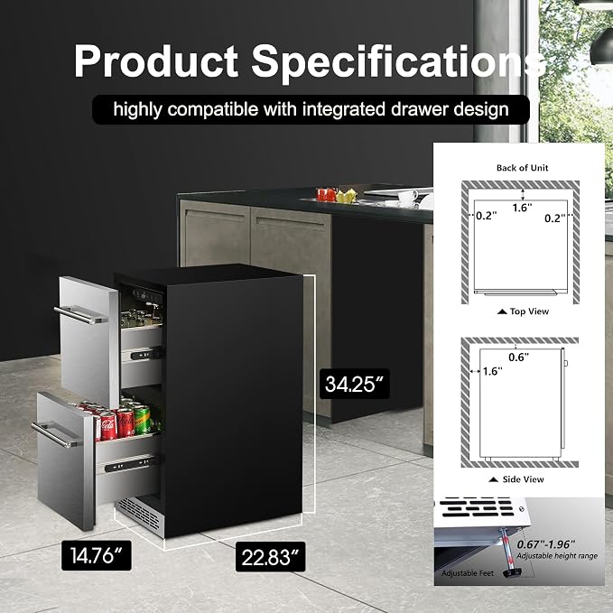 15 Inch Double Drawer Refrigerator,Under Counter Beverage Fridge for Indoor Outdoor Kitchen,3.39 Cu.Ft. Waterproof Silver&Black Stainless Steel Refrigerator