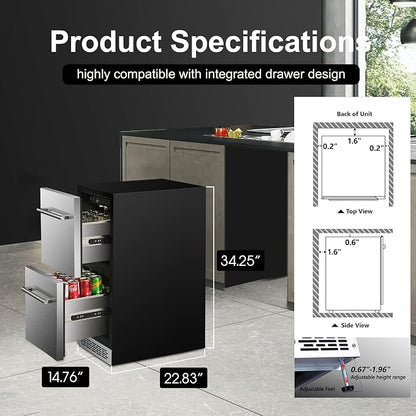 15 Inch Double Drawer Refrigerator,Under Counter Beverage Fridge for Indoor Outdoor Kitchen,3.39 Cu.Ft. Waterproof Silver&Black Stainless Steel Refrigerator