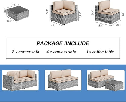 7 Piece Outdoor Patio Furniture Set,Silver PE Rattan Wicker Sectional Sofa, All Weather Conversation Set with Washable Cushions & Glass Coffee Table for Backyard Poolside Garden Porch,Khaki