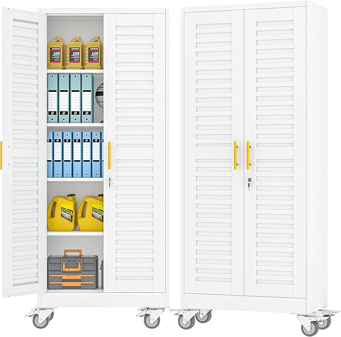 winiowa 71" Tall Metal Garage Storage Cabinet with Wheels, Steel Locking Rolling Tool Cabinet with 4 Adjustable Shelves for Garage,Home,Office (White)