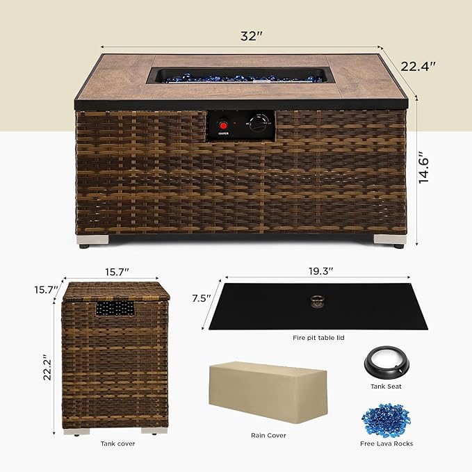 2-Piece Outdoor Propane Fire Pit Table w/Tank Holder, 32inch Handmade Rattan Wicker Firepit Ceramic Tabletop with Steel Lid 40,000 BTU Rectangle Fire Table Set for Patio, Deck, Backyard (Brown)