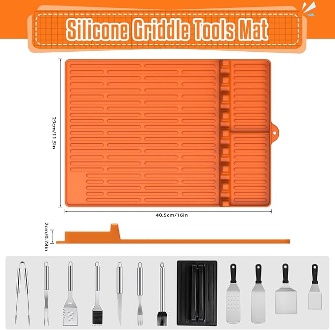 Silicone Griddle Mat for Blackstone Griddle Accessories, Large Heat Resistant Spatula Mat with Drip Pad, BBQ Grill Tools Holder for Outdoor Grill, Side Shelf, and Kitchen Countertop (1PC, Orange)