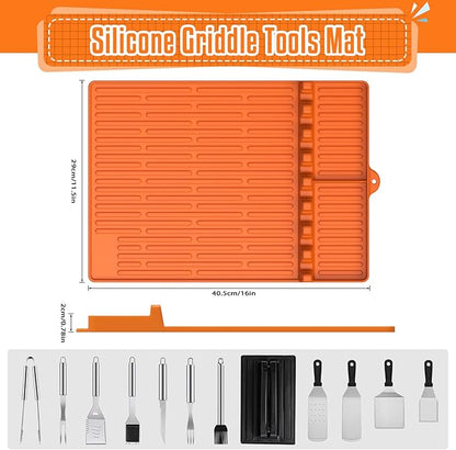 Silicone Griddle Mat for Blackstone Griddle Accessories, Large Heat Resistant Spatula Mat with Drip Pad, BBQ Grill Tools Holder for Outdoor Grill, Side Shelf, and Kitchen Countertop (1PC, Orange)