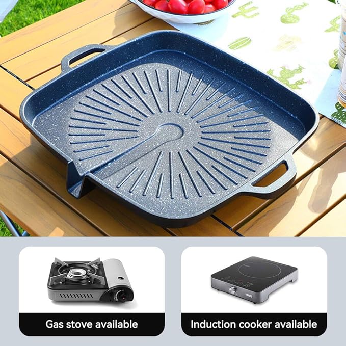 Korean Style 12.6in Grill Pan Non-stick Maifan Coated Smokeless Griddle Pan Compatible for Induction, Gas Stove, Electric Cooktop Stovetop Plate Indoor or Outdoor BBQ (Square)