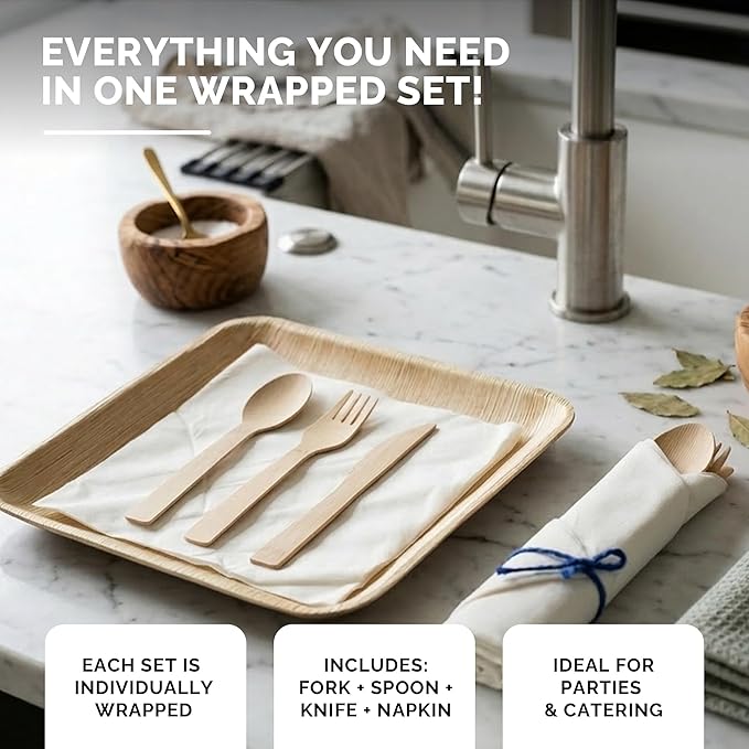 Prerolled Disposable Bamboo Cutlery Set – 25 Pack Pre Wrapped Silverware and Napkin Bundle with Forks, Knives, Spoons for Parties, Weddings, Events, and BBQ (Blue String)