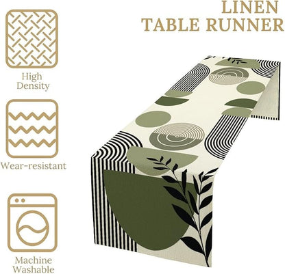 Boho Leaves Table Runner Sage Green Tropical Palms Tree Mid Century Modern Abstract Arch Geometric Dinner Runner for Farmhouse Cabin Home Kitchen Dining Holiday Party Decor 13x90in