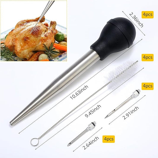 Uiifan 4 Pack Stainless Steel Turkey Baster for Cooking, Large Turkey Baster Metal Turkey Syringe Baster Set with 8 Marinade Injector Needles and 4 Cleaning Brushes for thanksgiving Turkey Utensils