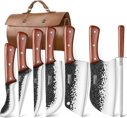 Topfeel 8PCS Chef Butcher Fish Knife Set for Meat Cutting with Roll Bag, Hand Forged Meat Cleaver Knife Boning Carving Knife Set for Home、Camping、BBQ