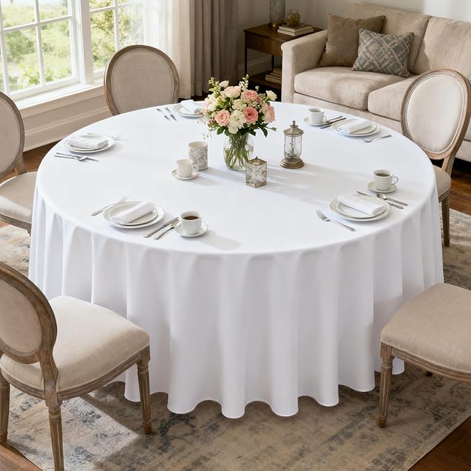MRJ White Table Clothes for Round Tables 120 inch Stain and Wrinkle Resistant Washable Polyester Table Cover for Banquet Party Buffet Restaurant