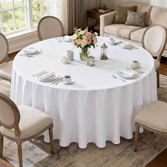 MRJ White Table Clothes for Round Tables 120 inch Stain and Wrinkle Resistant Washable Polyester Table Cover for Banquet Party Buffet Restaurant
