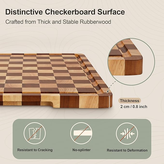 Checkered Cutting Board Set, 3-Piece Wood Checkerboard Cutting Boards for Kitchen with Stand, Chopping Board Set with Juice Groove & Handle for Meat, Vegetables, Cheese & Serving