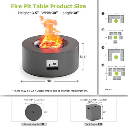 2-Piece Outdoor Propane Fire Pit Table Set w Tank Side Table 30'' Round Fire Pit Table 2-in-1 Firepit Table for Outside Patio Gas Fire Pit w 304 Stainless Steel Burner 50,000 BTU, Dark Gray