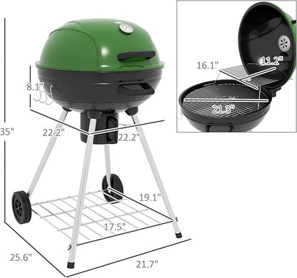 21" Kettle Charcoal BBQ Grill Trolley with 360 sq.in. Cooking Area, Outdoor Barbecue with Shelf, Wheels, Ash Catcher and Built in Thermometer for Patio, Backyard Party, Green