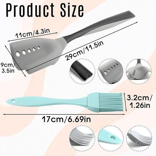 3-Piece Silicone Kitchen Utensil Set - 1 Flexible Turner and 2 Heat Resistant Basting Brushes, Non-Stick Cookware Safe Tools for Mixing, Flipping, Grilling