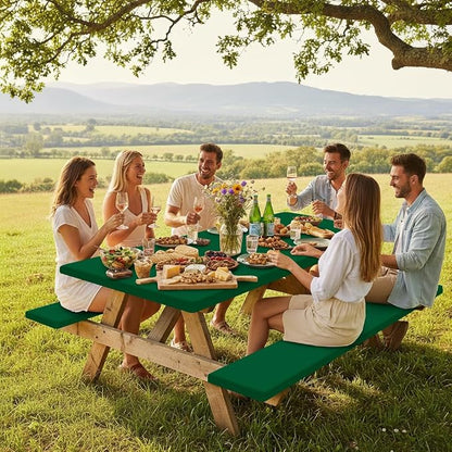 Smiry Picnic Table Cover with Bench Covers, Waterproof Elastic Fitted Polyester Tablecloths for 8 Ft Rectangle Tables, Washable Windproof Tablecloth for Outdoor, Camping (Emerald Green, 30x96 Inches)