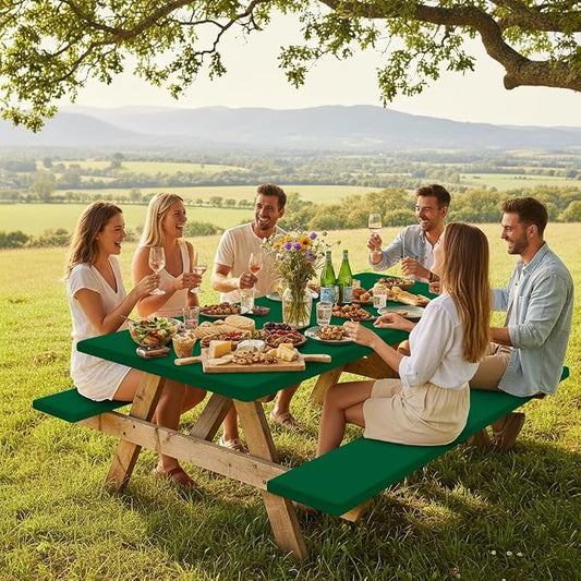 Smiry Picnic Table Cover with Bench Covers, Waterproof Elastic Fitted Polyester Tablecloths for 6 Ft Rectangle Tables, Washable Windproof Tablecloth for Camping, Outdoor (Emerald Green, 30x72 Inches)