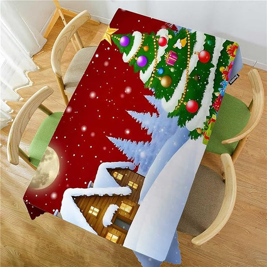 Swono Christmas House 52"X70" Oblong Table Cloth Winter Christmas Tree House Wrinkle Free Table Cover Farmhouse Tablecloth for Home Restaurant Picnic Indoor Outdoor Dining