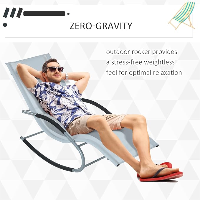 Outsunny Zero Gravity Rocking Chair Outdoor Chaise Lounge Chair Recliner Rocker with Detachable Pillow and Weather-Fighting Fabric for Patio, Deck, Pool, Gray