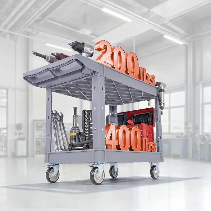 VEVOR Utility Cart, 550 lbs Capacity, 2 Tier Service Cart with 360° Swivel & Fixed Wheels (2 with Brakes), Heavy Duty Plastic Rolling with Storage Tray, Tool Storage for Garage Warehouse Workshop Gray
