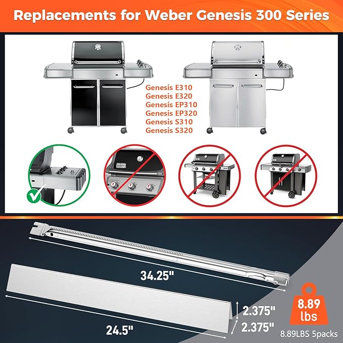 QuliMetal 24.5" Flavorizer Bars & SUS304 34 1/4" Grill Burners for Weber Genesis 300 Series - Fits Genesis E310 E320 S310 S320 Grill Parts with Side Control, Replaces for Weber 7540, 67722, 67820