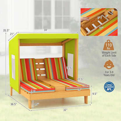 Kids Lounge Chair Outdoor, 2-Seat Toddler Patio Chair with Cushions, Cup Holders, Detachable Canopy, Wooden Double Chaise Lounge for Lawn, Pool, Garden, and Yard (Green)