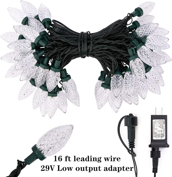 AWQ 50LED 49FT C9 Christmas String Lights Plug in Fairy Twinkle White | Christmas Lights Outdoor 8 Modes Timer Function Waterproof Extendable for Indoor Outdoor Wedding Party Christmas Decoration