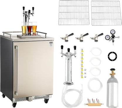 VEVOR Beer Kegerator, Triple Tap Commercial Draft Beer Dispenser for D system, Full Size Keg Refrigerator with 5lbs CO2 Tank, Hold 3 Sixth/2 Slim/3 Ball lock keg (3 taps - D system - stainless steel)