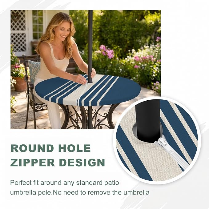 Outdoor Fitted Tablecloth with Umbrella Hole and Zipper, Navy Blue Beige Striped Elastic Round Patio Table Cover, Farmhouse Retro Lines Modern Table Protector for Backyard BBQ Party 55''-60''