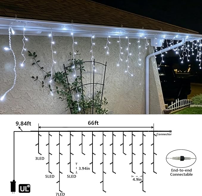 QITONG Icicle Lights for Outside, 66ft 800 LED String Lights Plug in with 8 Modes, Connectable White Icicle Christmas Light Clear Wire Indoor