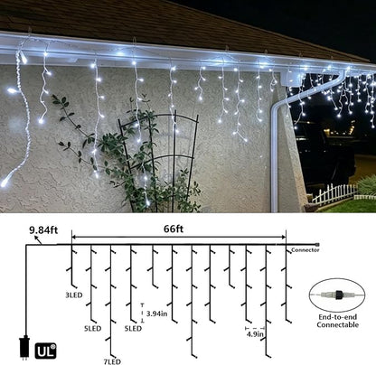 QITONG Icicle Lights for Outside, 66ft 800 LED String Lights Plug in with 8 Modes, Connectable White Icicle Christmas Light Clear Wire Indoor