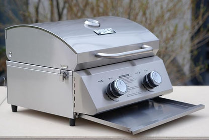 Monument Grills Tabletop Propane Gas Grill for Outdoor Portable Camping Cooking with Travel Locks, Stainless Steel High Lid, and Built in Thermometer