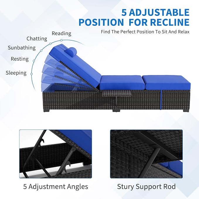 Garvee 2-Pack Adjustable Chaise Lounge Chairs with Side Table, 5-Position PE Rattan Recliners with Sky Blue Cushions & Headrest, All-Weather Brown Wicker Pool Loungers for Patio Garden Deck