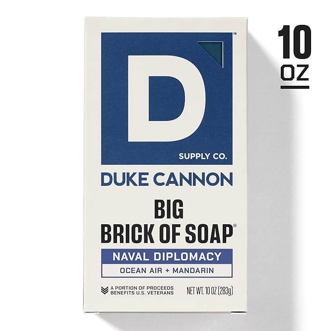 Duke Cannon Naval Diplomacy Big Brick Soap Bar 10 oz - Ocean Air + Mandarin Scent, Triple Milled Long-Lasting Natural Soap, Large Men’s Bar, Supports U.S. Veterans, 4 Pack
