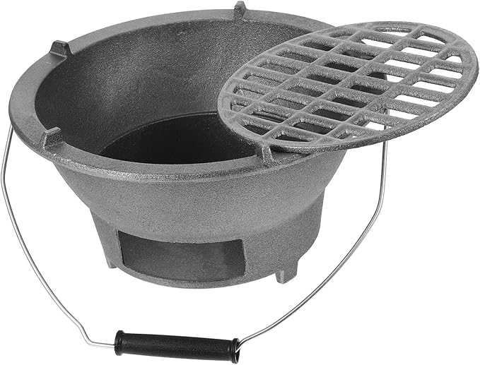 Cast Iron Charcoal Grill Stove Large Outdoor Portable Bbq Burner with Handle and Inner Grill Rack for Backyard Camping Cooking