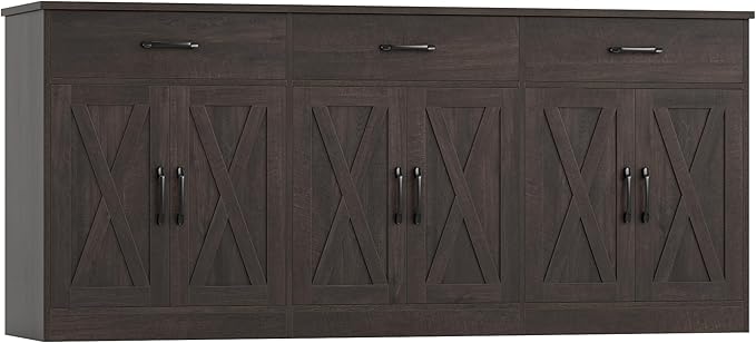 HOSTACK 71" Large Sideboard Buffet Cabinet with Storage, Farmhouse Coffee Bar Cabinet with 3 Drawers, Long Kitchen Buffet Table, Kitchen Sideboard Storage Cabinet for Dining, Living Room, Dark Brown