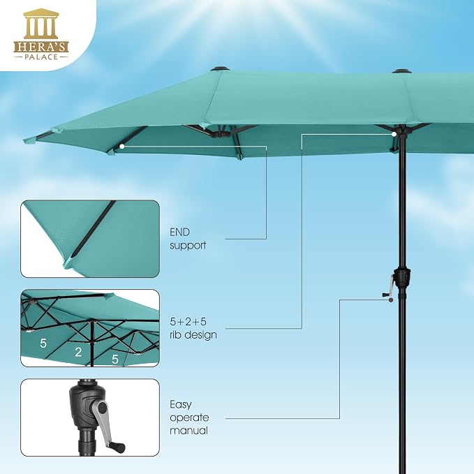 HERA'S PALACE 13 ft Large Double-Sided Twin Patio Umbrella, Outdoor Market Umbrella with Crank Handle, Powerful UV Protective, Turquoise