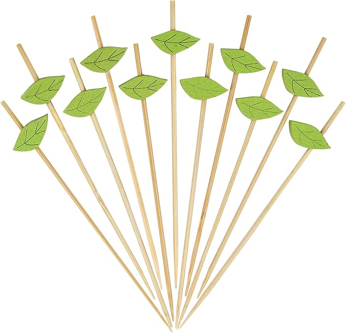 Minisland Green Leaf Cocktail Picks, 4.7 Inch Long Bamboo Fancy Toothpicks for Appetizers, Decorative Spring Summer Tropical Hawaiian Party Food Drinks Garnish Fruit Skewer Sticks 100 Counts - MSL172