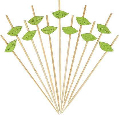Minisland Green Leaf Cocktail Picks, 4.7 Inch Long Bamboo Fancy Toothpicks for Appetizers, Decorative Spring Summer Tropical Hawaiian Party Food Drinks Garnish Fruit Skewer Sticks 100 Counts - MSL172