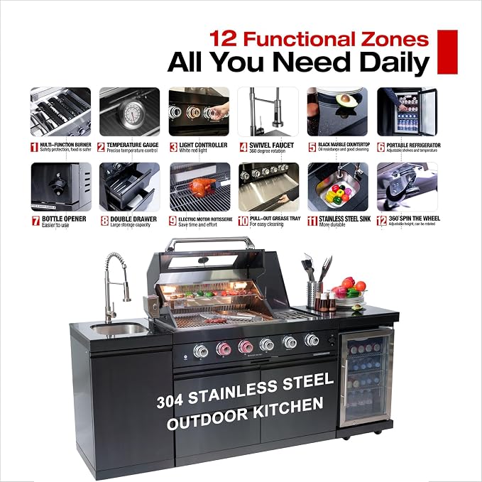 104" Modular Outdoor Kitchen Island With Grill And Side Burner, 4-burner 72,000 Btu Propane Bbq Island, Refrigerator, Separate Sink & Prep Station, For Backyard LP-Black 72000BTU/85 Inch