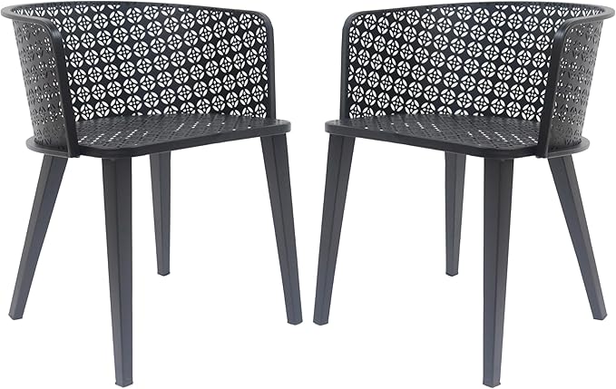 Christopher Knight Home Set of 2 Rivera Patio Iron Frame Dining Chairs, Geometric-Carved Pattern Round Backrest, Armchair for Kitchen, Restaurant, Garden, Balcony, Porch, Backyard, Poolside, Black