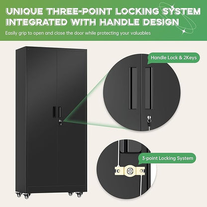 INTERGREAT 73" H Metal Storage Cabinet with Wheels, Locking Doors and Adjustable Shelves, Black Rolling Steel Tool Cabinet for Home Office, Garage, Warehouse
