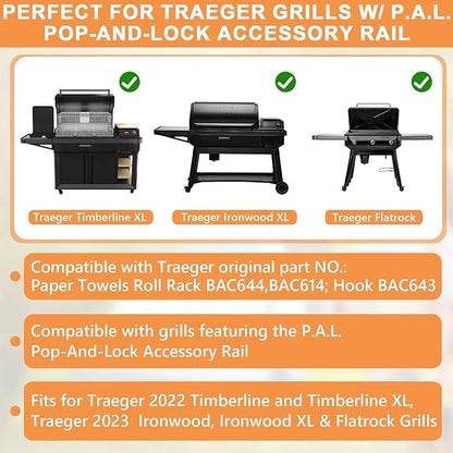 BAC644 Paper Towel Roll Holder for Traeger Grills P.A.L. Pop-And-Lock Roll Rack, Traeger Ironwood, Timberline, Flatrock Grills, BAC614 Adjustable Holder &BAC643 Hook for Traeger Pal Accessories