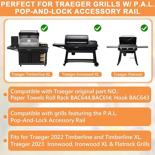 BAC644 Paper Towel Roll Holder for Traeger Grills P.A.L. Pop-And-Lock Roll Rack, Traeger Ironwood, Timberline, Flatrock Grills, BAC614 Adjustable Holder &BAC643 Hook for Traeger Pal Accessories