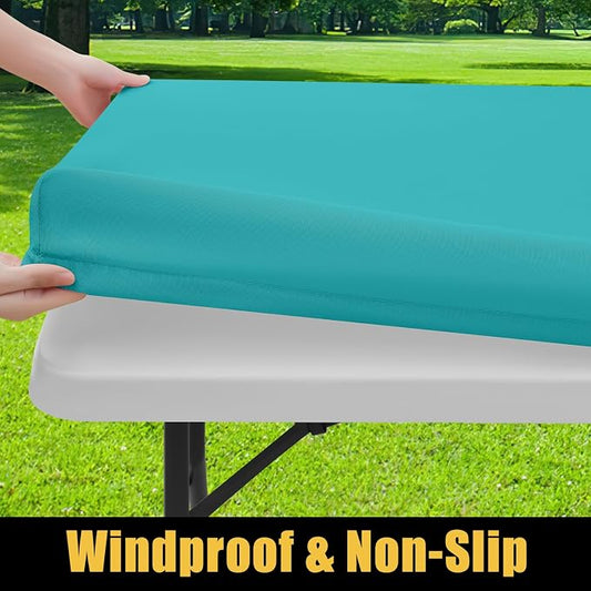 Smiry Rectangle Picnic Table Cloth, Waterproof Elastic Fitted Tablecloths for 8 Foot Tables, Washable Polyester Table Cover for Camping, Indoor and Outdoor (Turquoise, 30"x96")